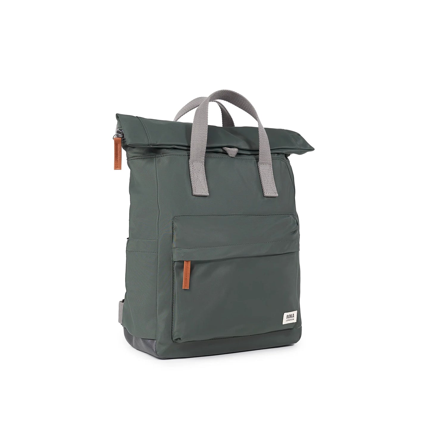 Grey green rolltop backpack with grey grab handles side view