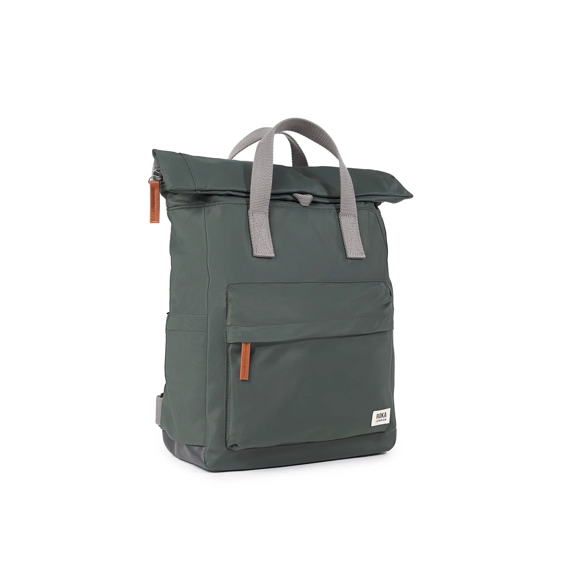 Grey green rolltop backpack with grey grab handles side view
