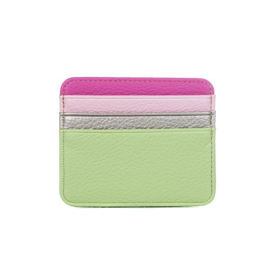 A small faux leather card holder in striped pink, silver and green