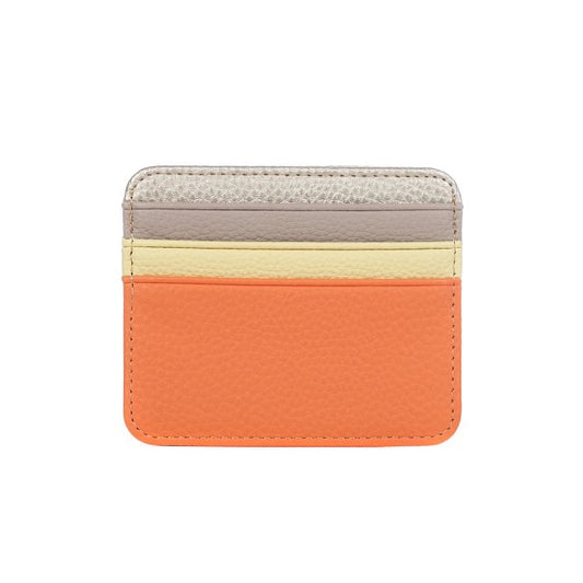 A small faux leather card holder in striped beige, cream, silver and orange