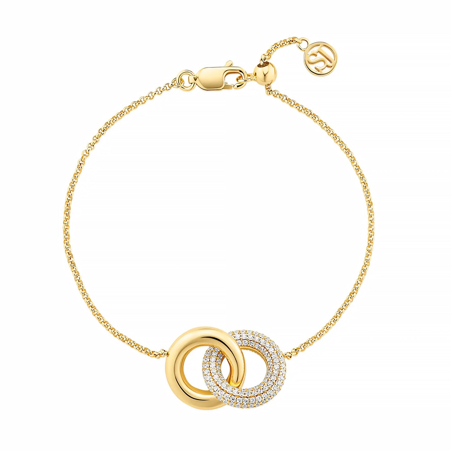 Gold bracelet with two interlocking rings, one with CZ stones