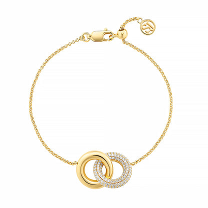 Gold bracelet with two interlocking rings, one with CZ stones
