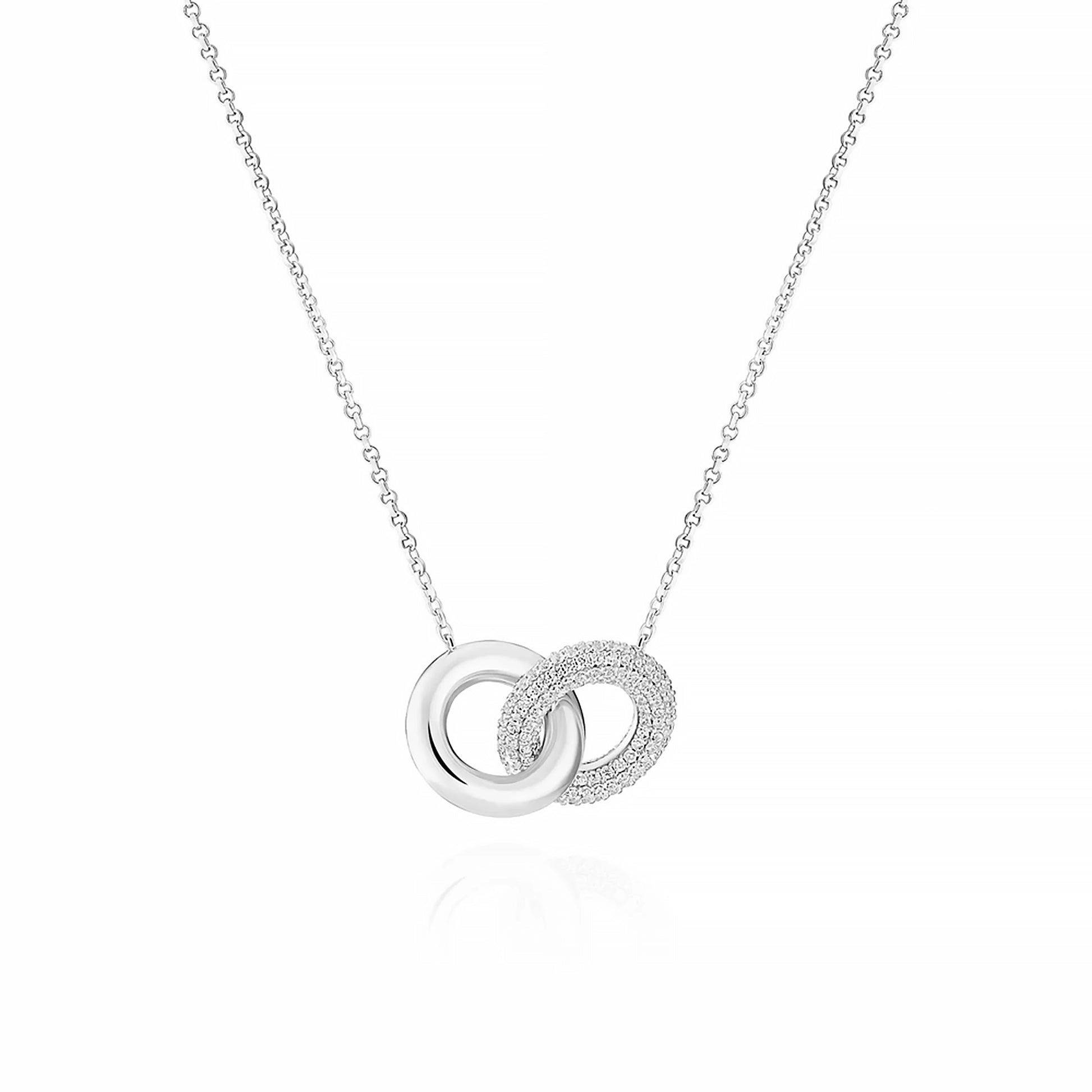 Silver necklace with two interlocking rings, one with CZ stones