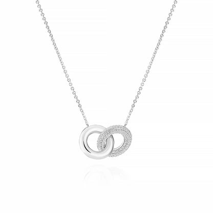 Silver necklace with two interlocking rings, one with CZ stones