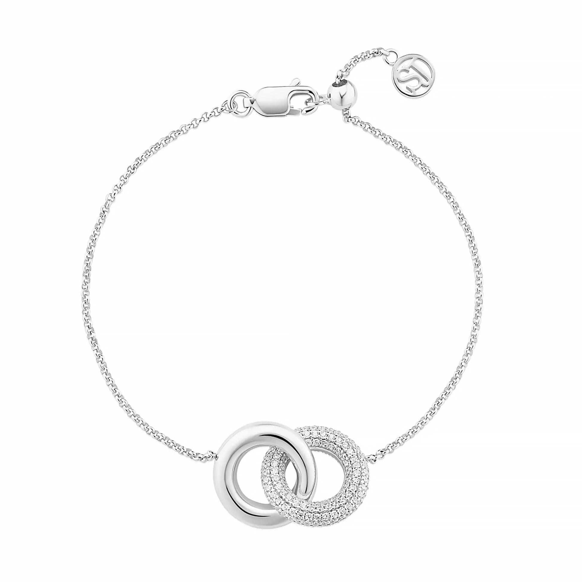 Silver bracelet with two interlocking rings, one with CZ stones