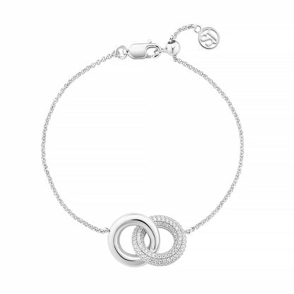 Silver bracelet with two interlocking rings, one with CZ stones