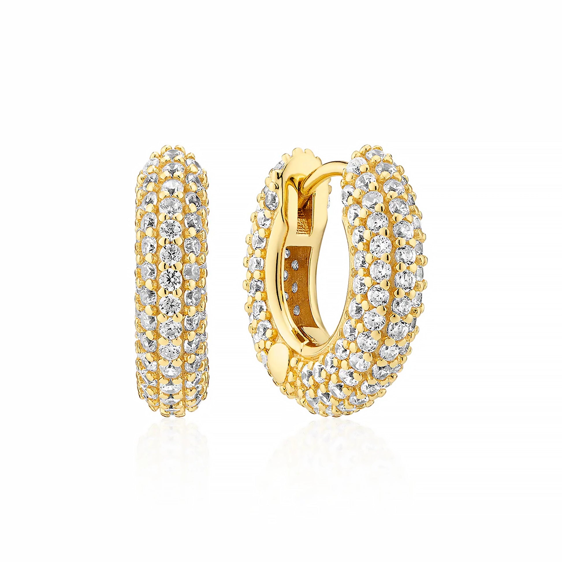 Pair of chunky gold hoop earrings set with CZ stones