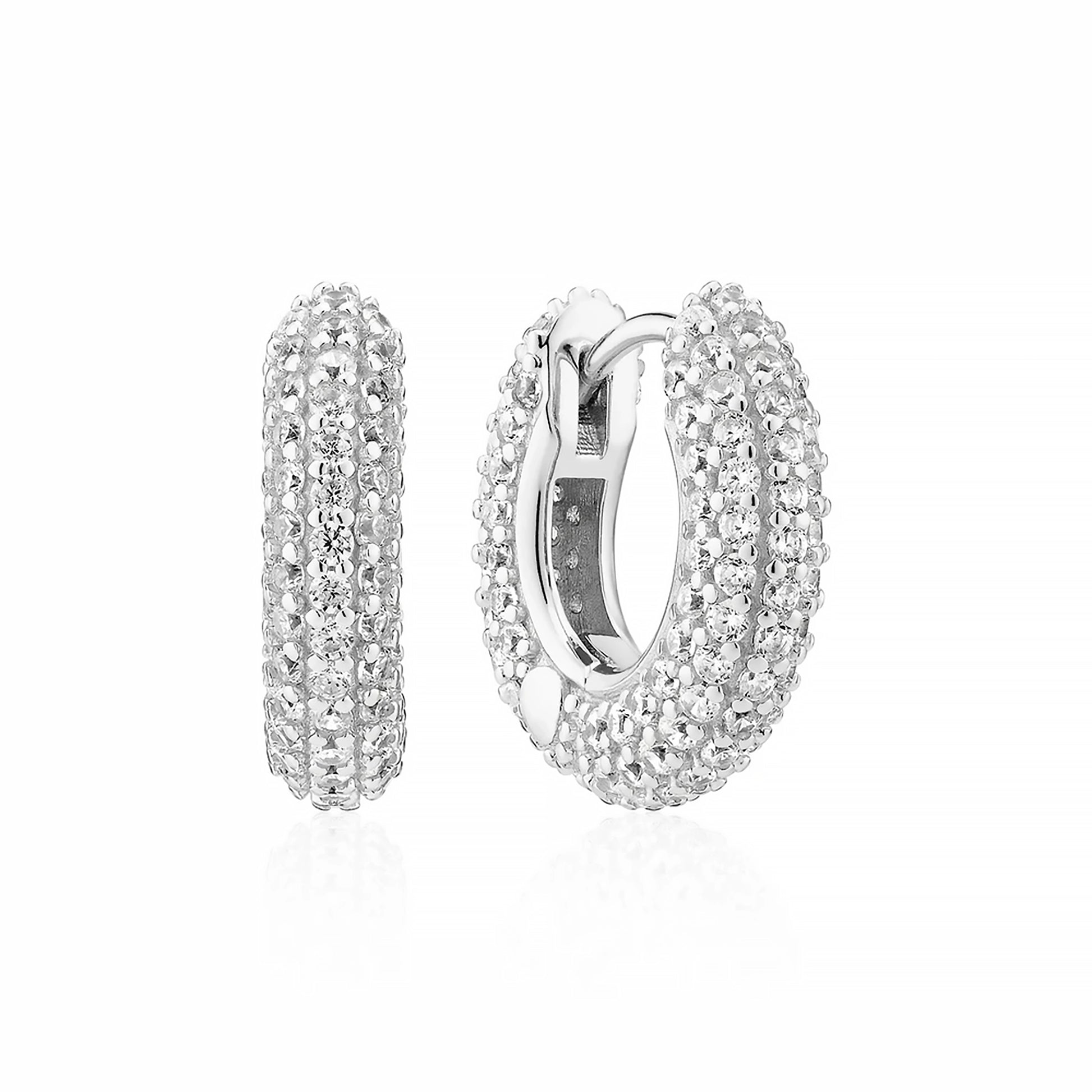 Pair of chunky silver hoop earrings set with CZ stones