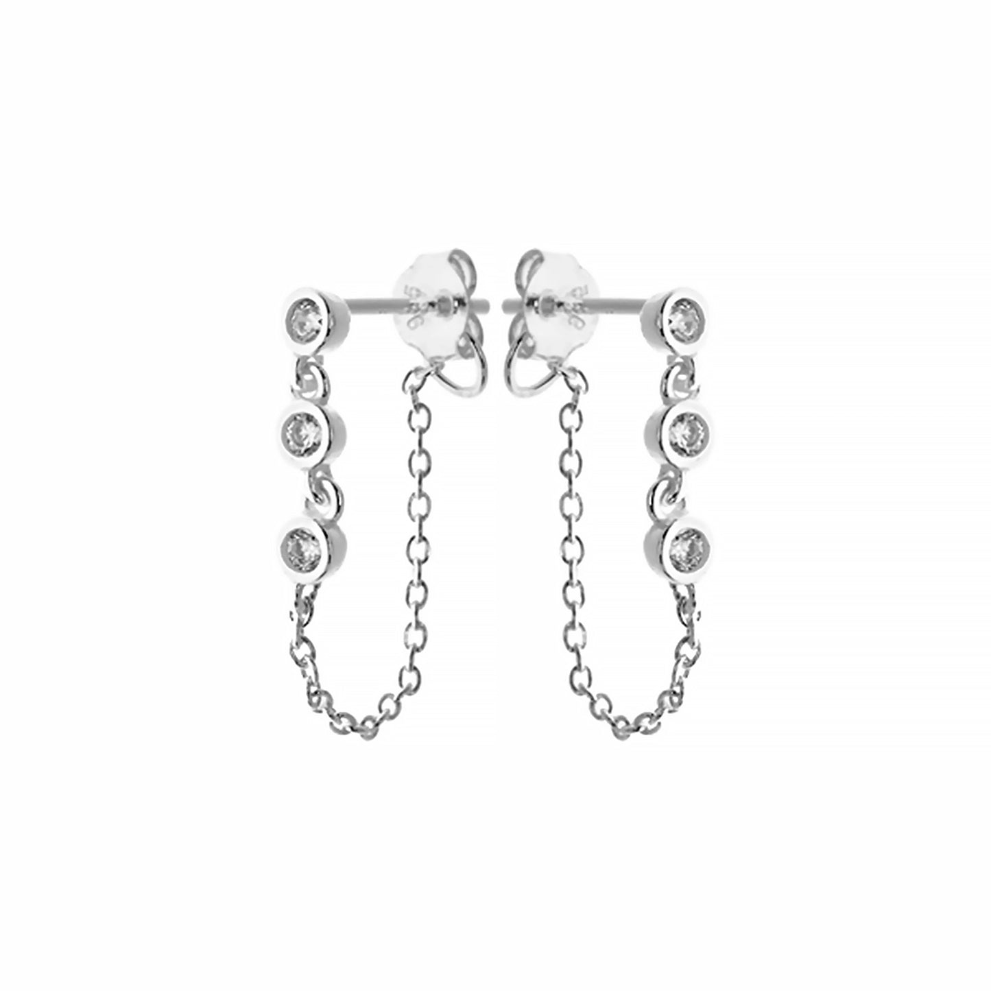 Silver stud earrings with cains and triple round CZ stones