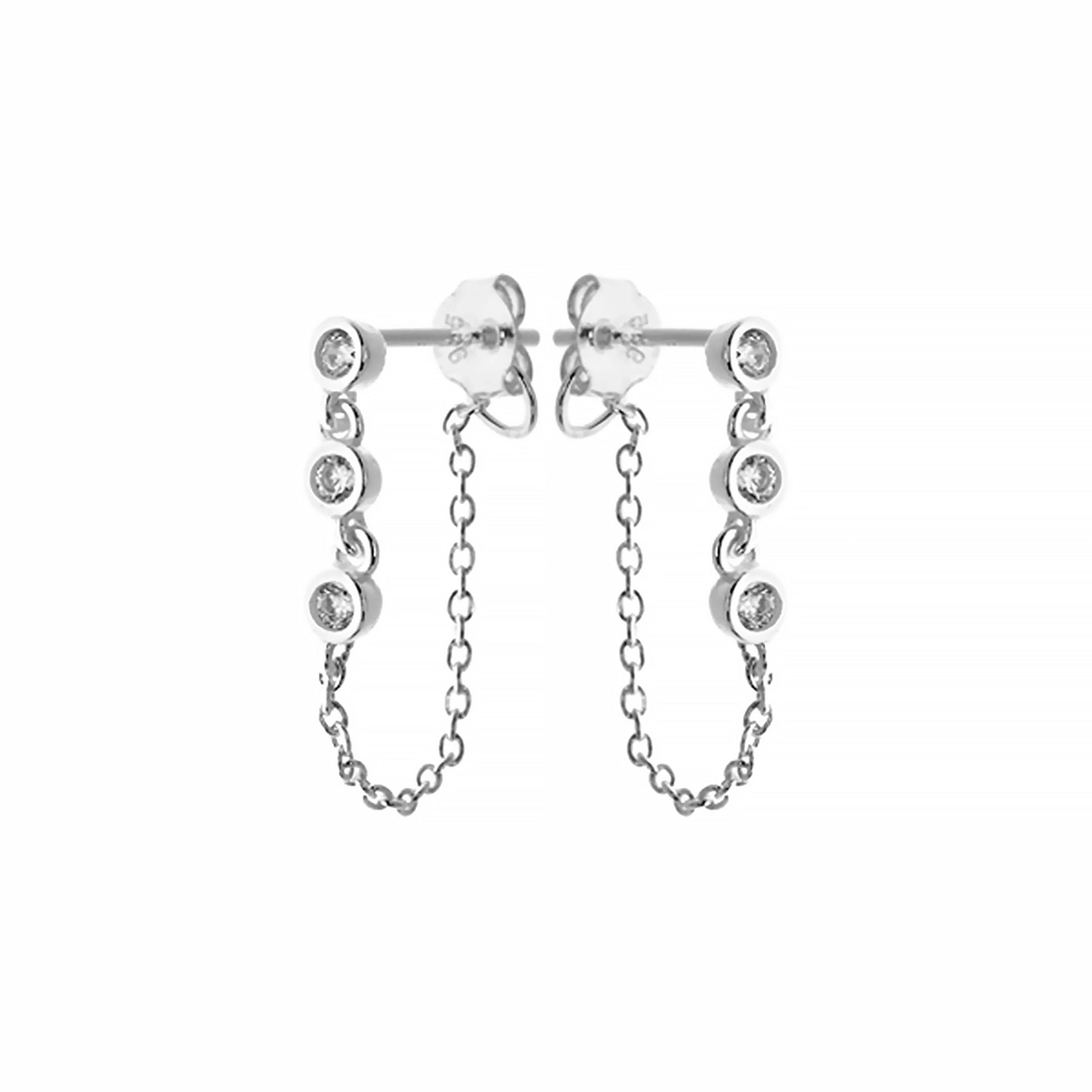 Silver stud earrings with cains and triple round CZ stones