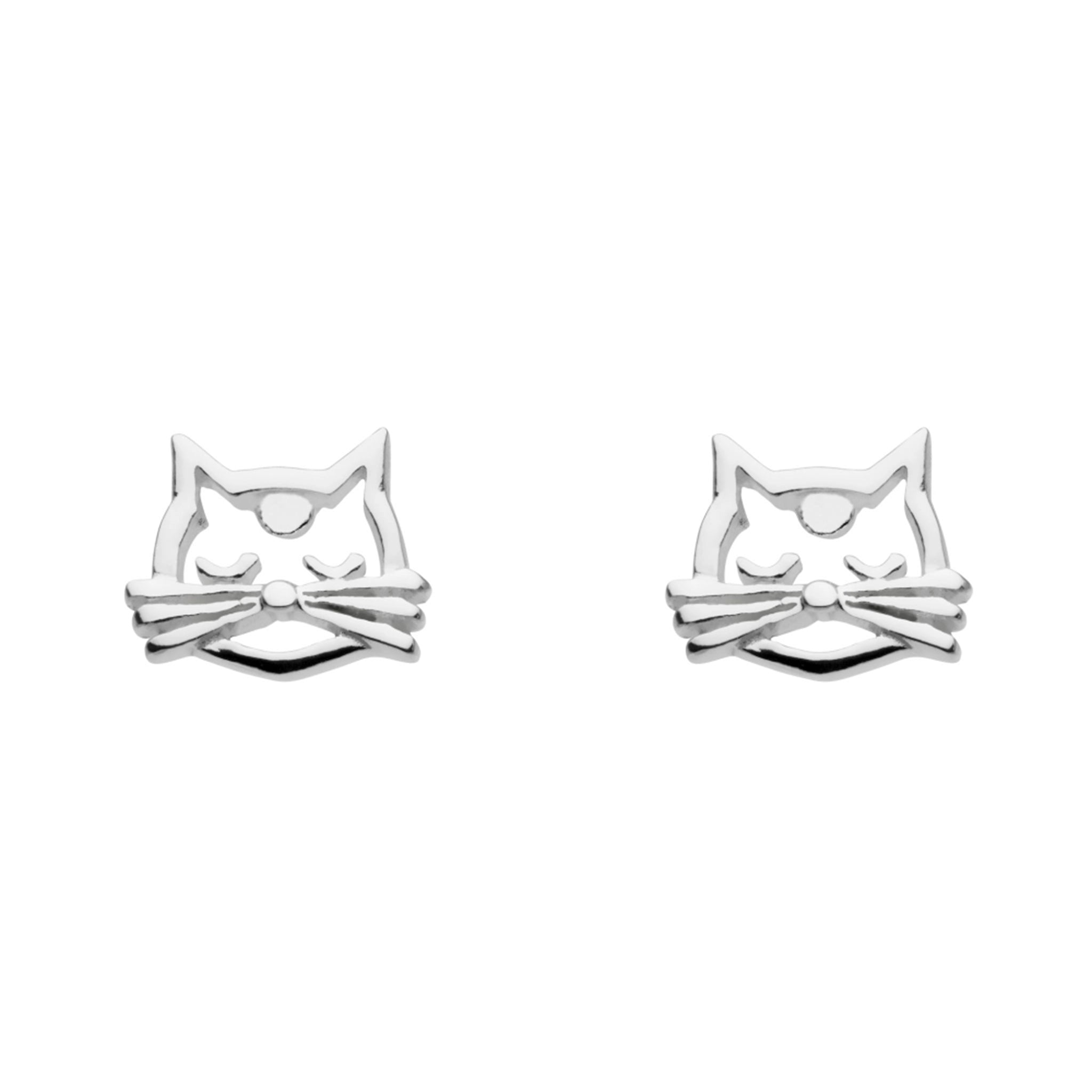 A pair of silver stud earrings shaped like cat faces