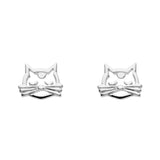 A pair of silver stud earrings shaped like cat faces