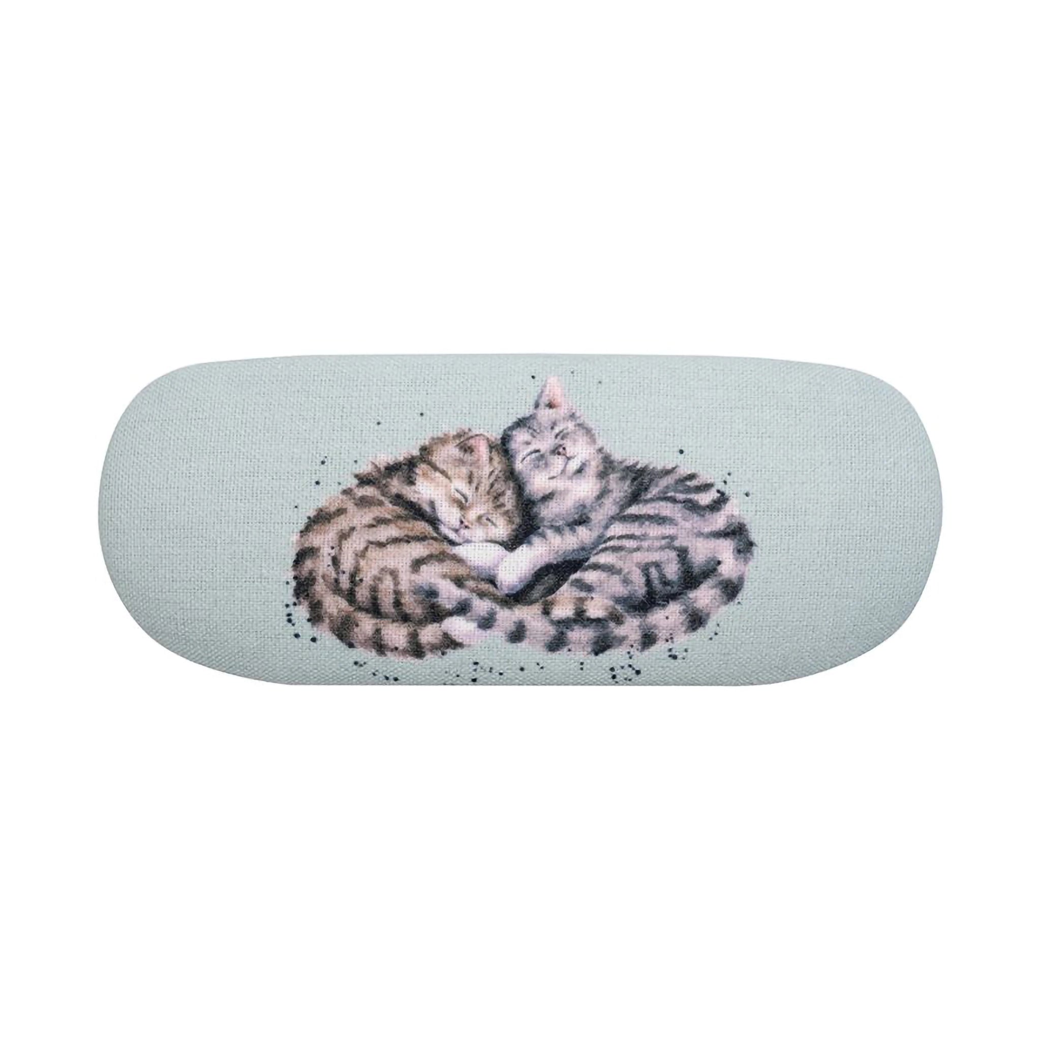 Light blue green glasses case with design of two sleeping and cuddling cats