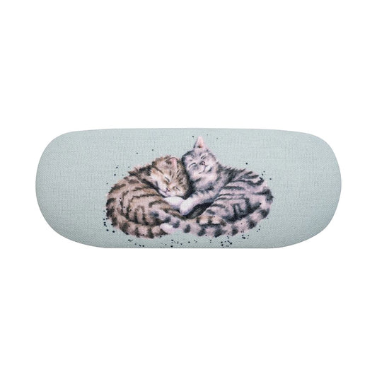Light blue green glasses case with design of two sleeping and cuddling cats