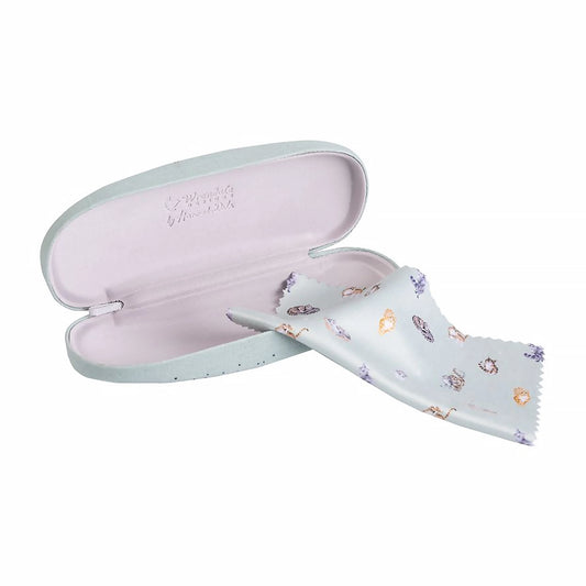 Open light blue green glasses case with lens wipe featuring cat pattern