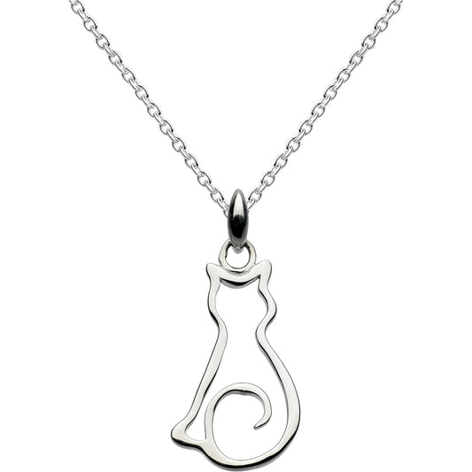 A silver sitting cat pendant on a chain
