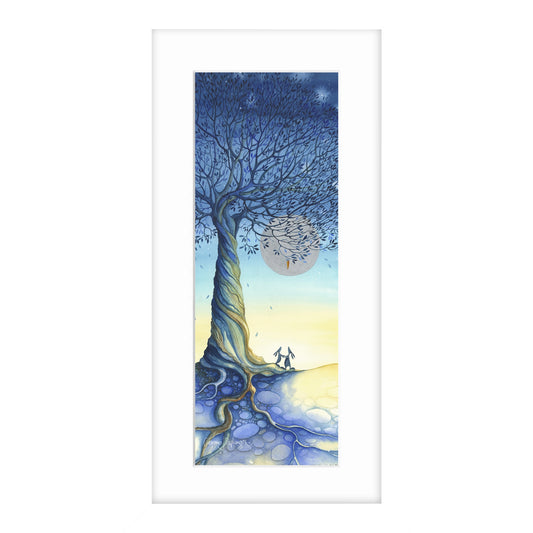 A painting of two hares under the moon and a twisting tree