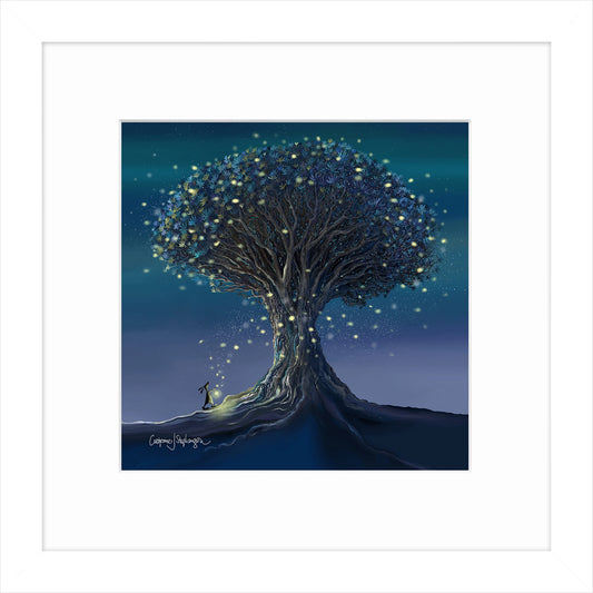 A dark blue framed print of a tree with fireflies and a hare