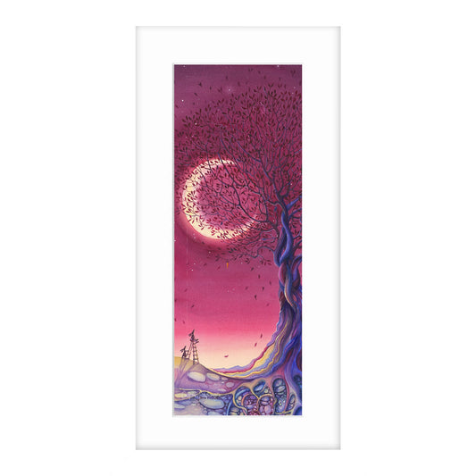 Long rectangle white framed art print with pink sky, purple tree, and two hares