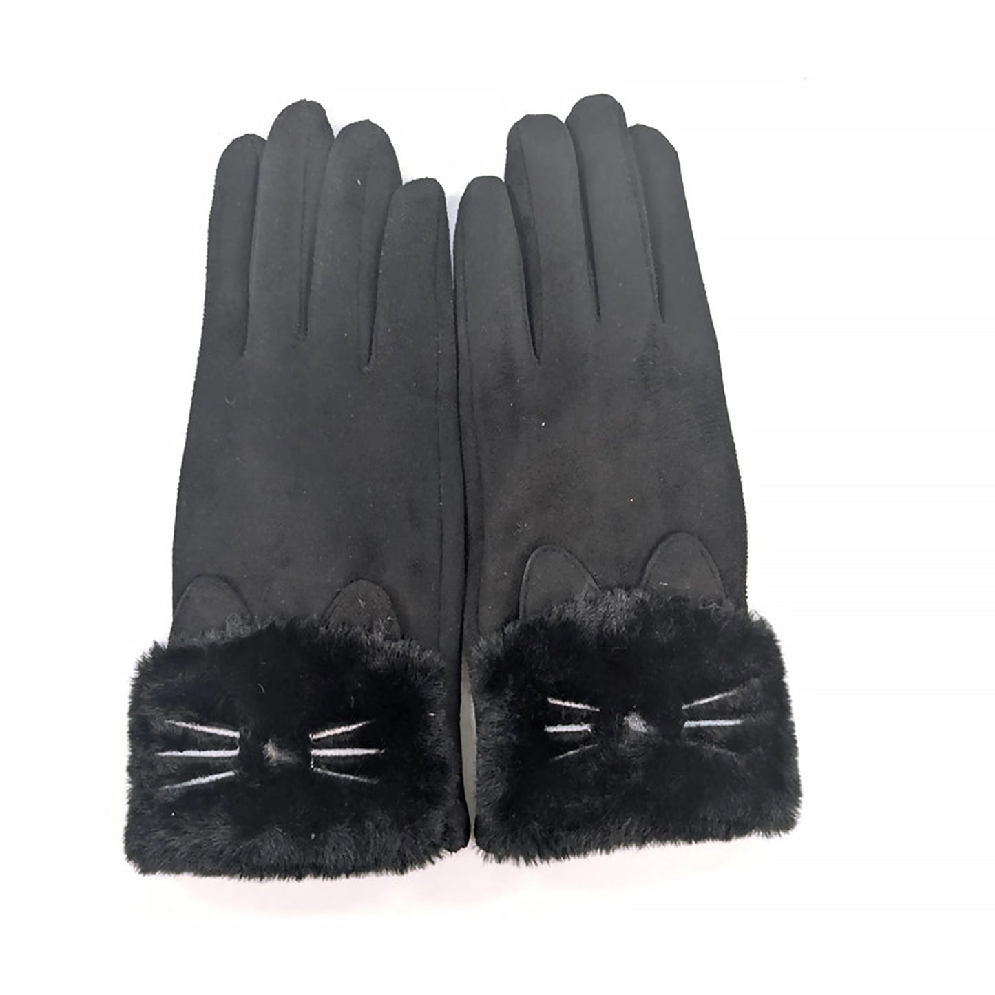 Black faux fur cuff gloves with cat ears, whiskers and nose