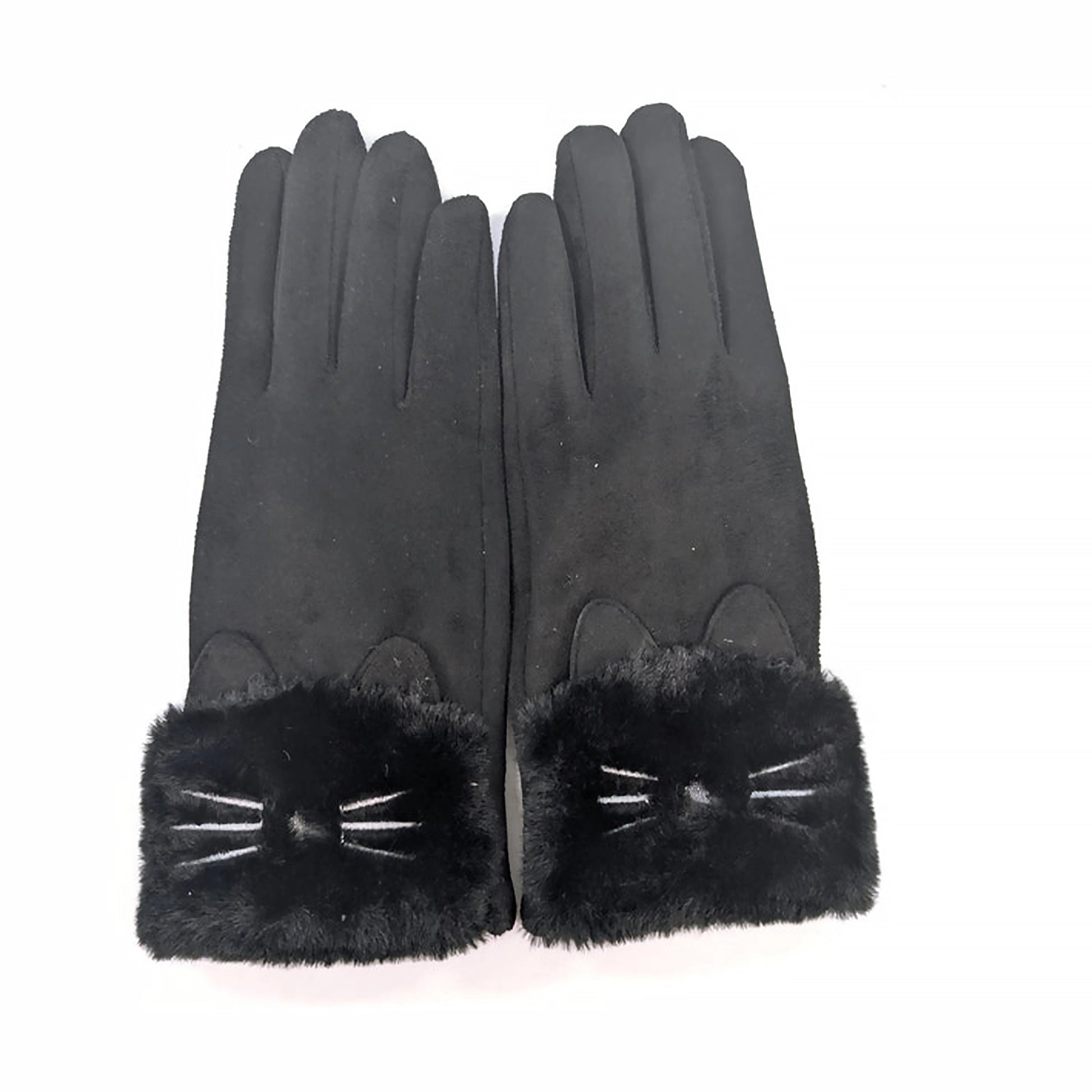 Black faux fur cuff gloves with cat ears, whiskers and nose