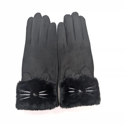 Black faux fur cuff gloves with cat ears, whiskers and nose