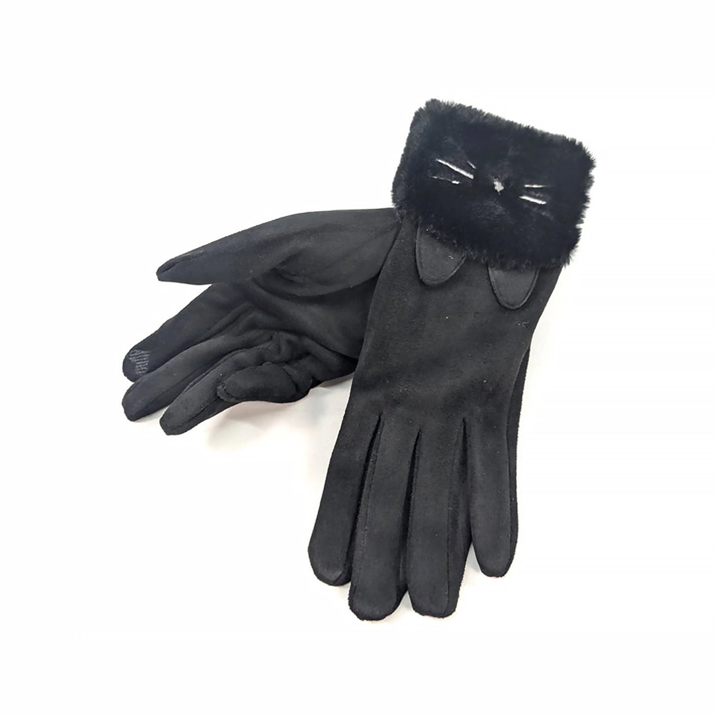 Black faux fur cuff gloves with cat ears, whiskers and nose and touch screen finger
