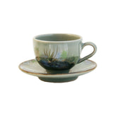 Wide brim glazed lungo cup and saucer set, featuring hand painted design of a rock pool bottom