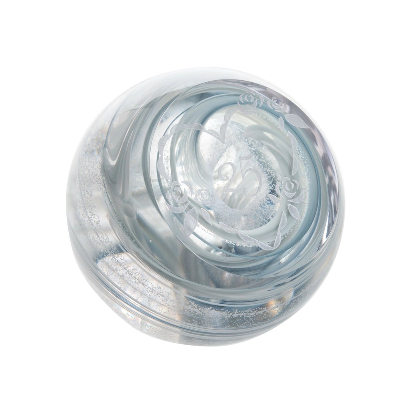Silver 25th anniversary paperweight with silver swirl and engraved heart frame