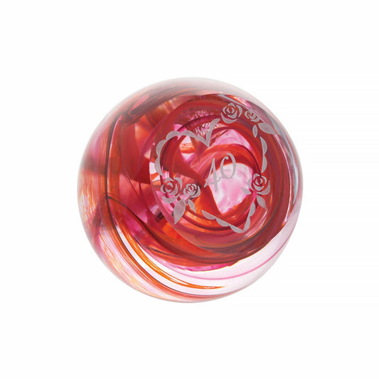 Gold 40th anniversary paperweight with red and orange swirl and engraved heart frame