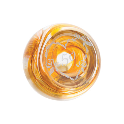 Gold 50th anniversary paperweight with amber swirl and engraved heart frame
