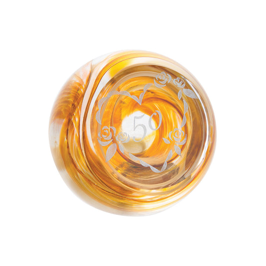 Gold 50th anniversary paperweight with amber swirl and engraved heart frame