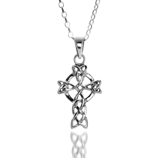 A silver pendant featuring a Celtic knot Celtic cross