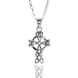 A silver pendant featuring a Celtic knot Celtic cross