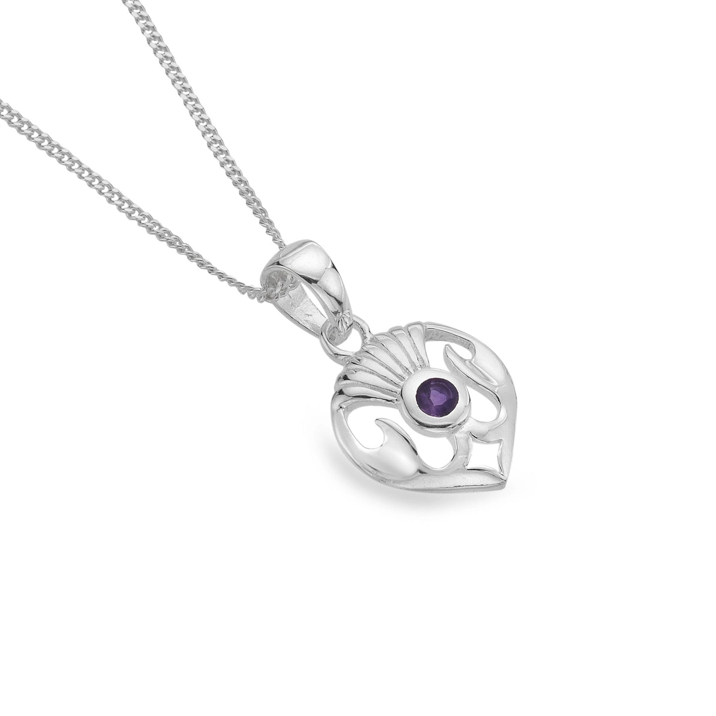 Thistle silver pendant with round amethyst stone centre and silver chain