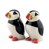 Pair of glazed salt and pepper shakers shaped like puffins