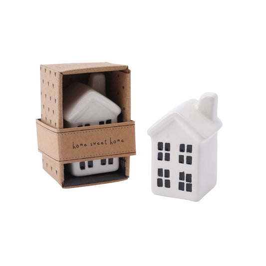A white ceramic house figurine charm