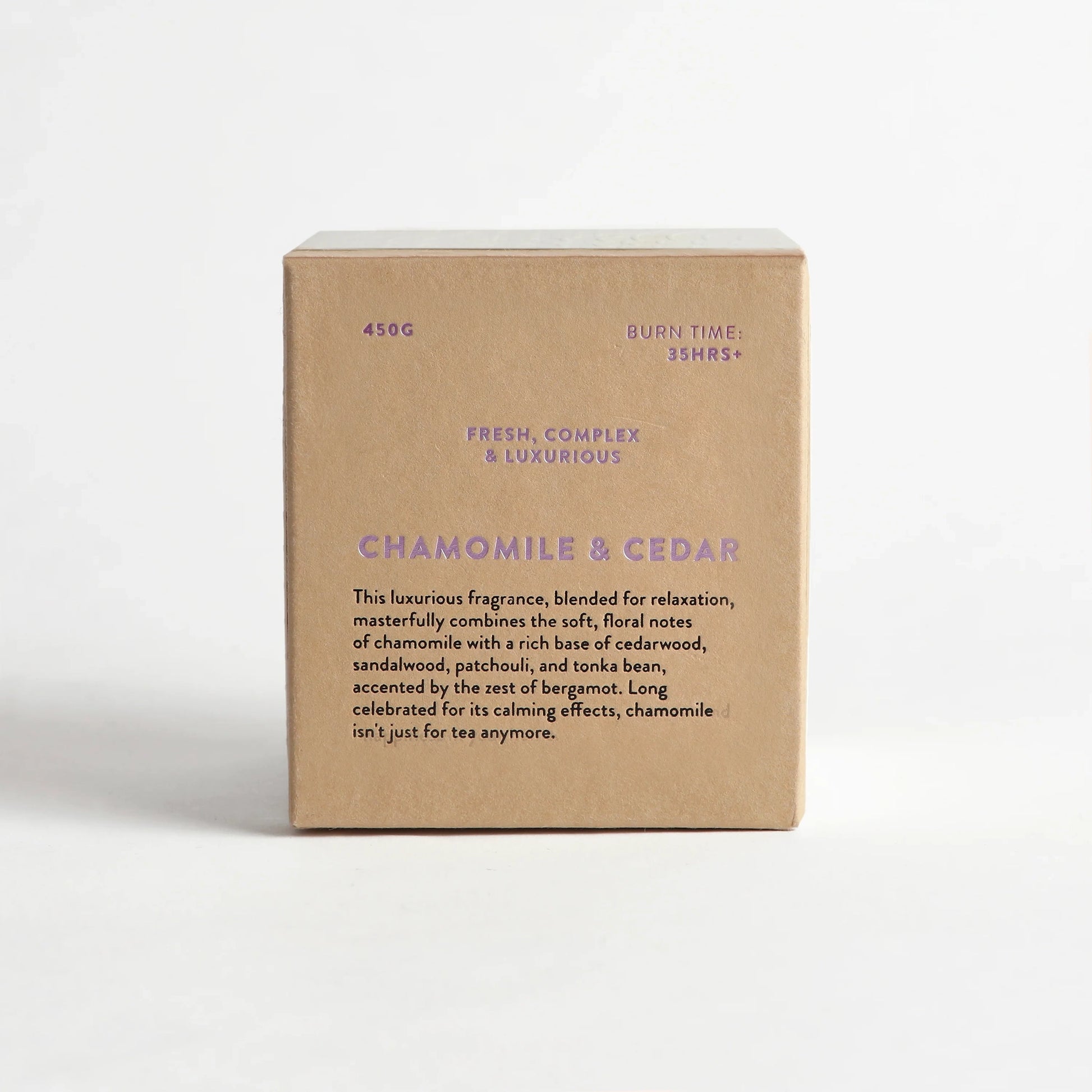 Chamomile and cedar scented candle box scent details