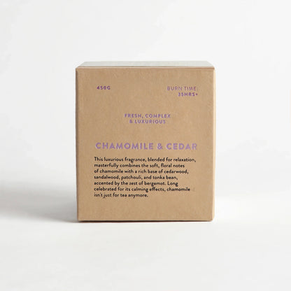 Chamomile and cedar scented candle box scent details