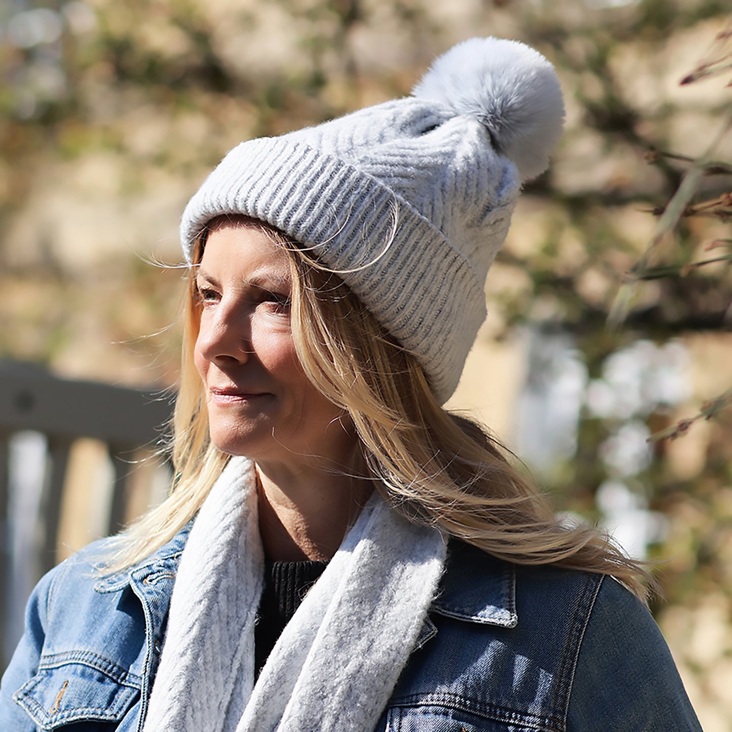 Charlotte Herringbone Bobble Hat | Grey Marl