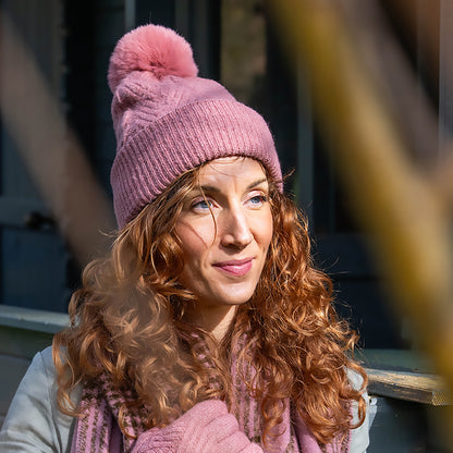 Charlotte Herringbone Bobble Hat | Rose