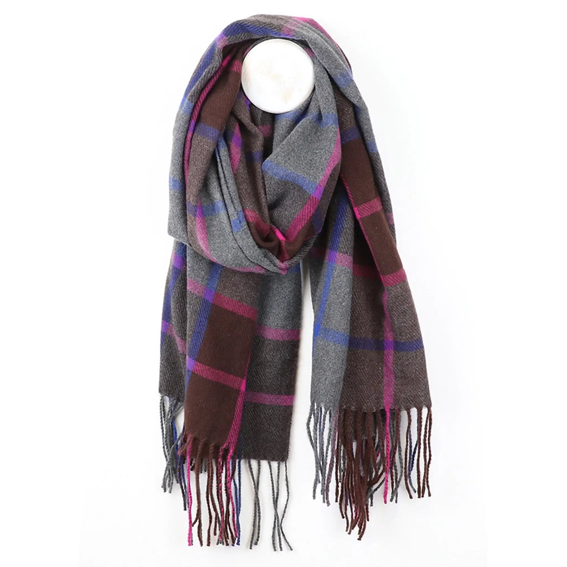 Check scarf in blue, purple and grey with tassel trim