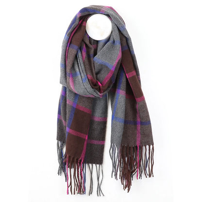 Check scarf in blue, purple and grey with tassel trim