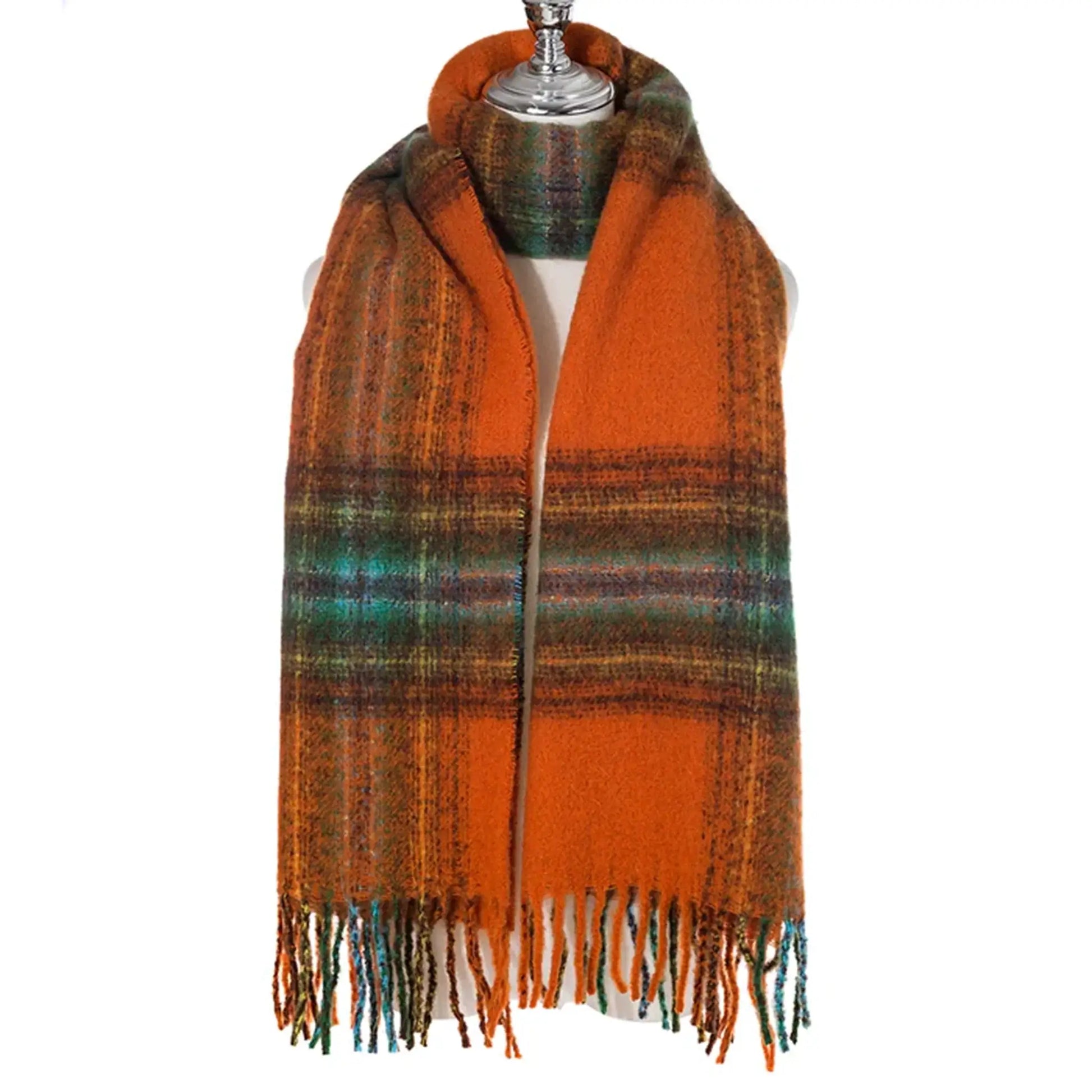 Rust orange scarf with teal and yellow check pattern