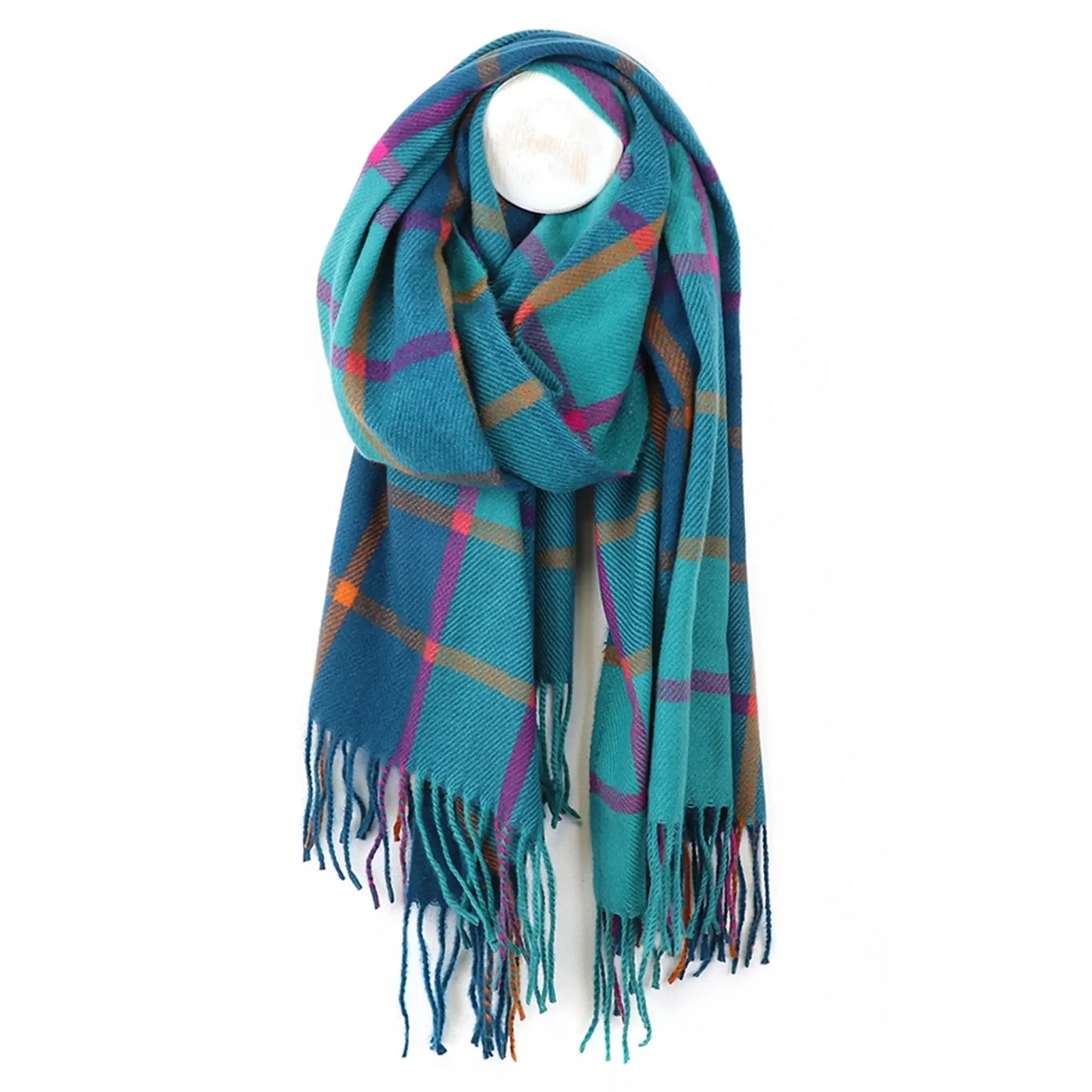 Teal, purple and orange check scarf with tassel fringe