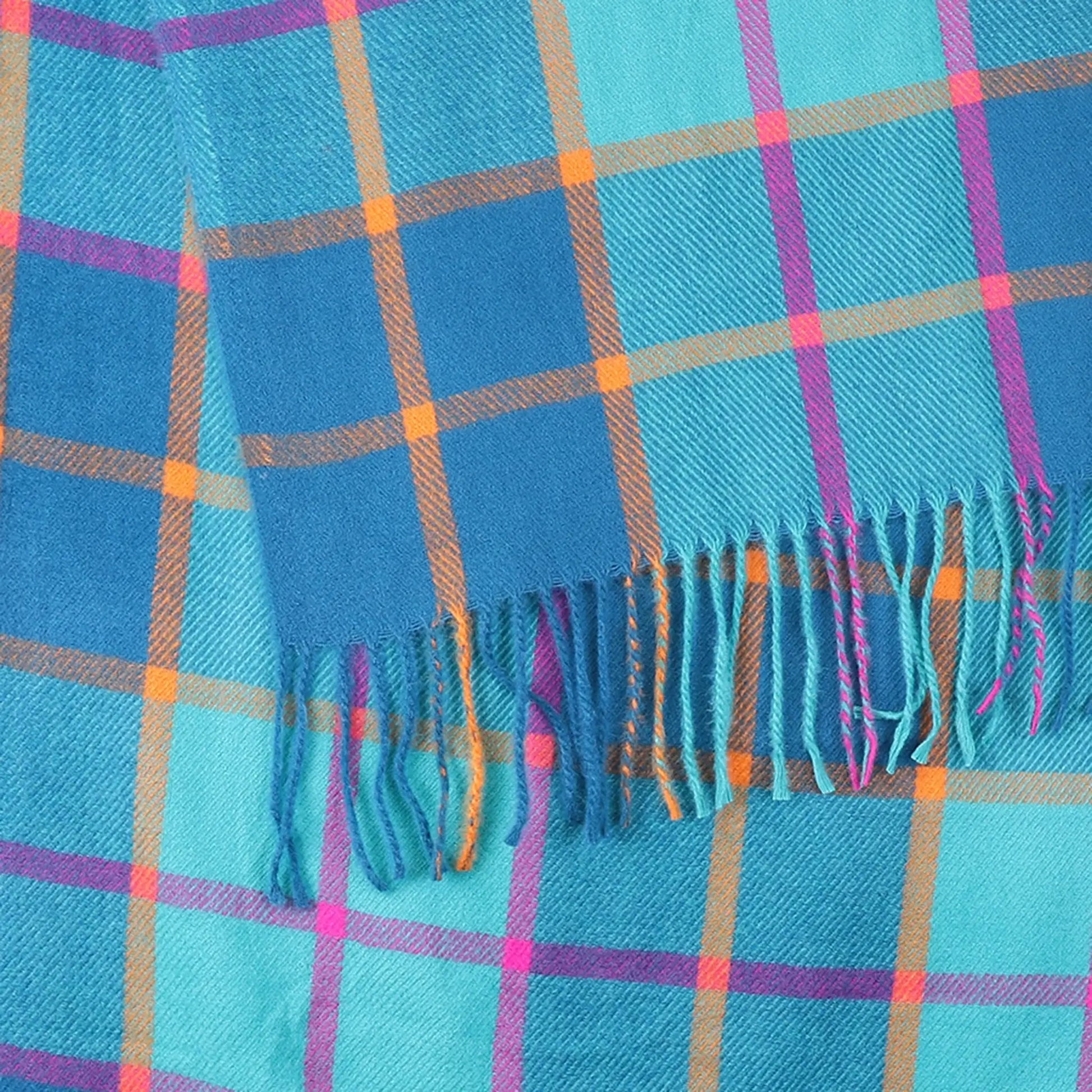 Teal, purple and orange check scarf with tassel fringe pattern detail