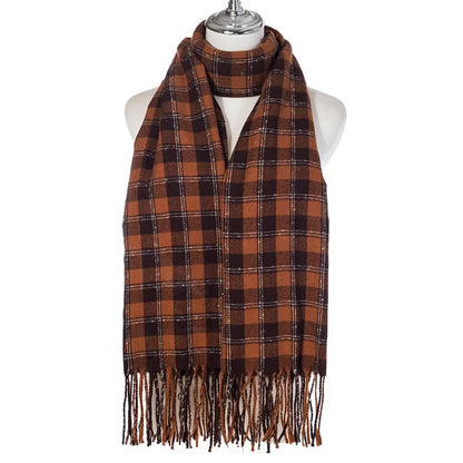 Check patterned scarf in coca brown with tassel trim
