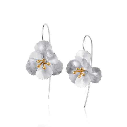 Satin silver cherry blossom shaped earrings with gold stamen details and long hook