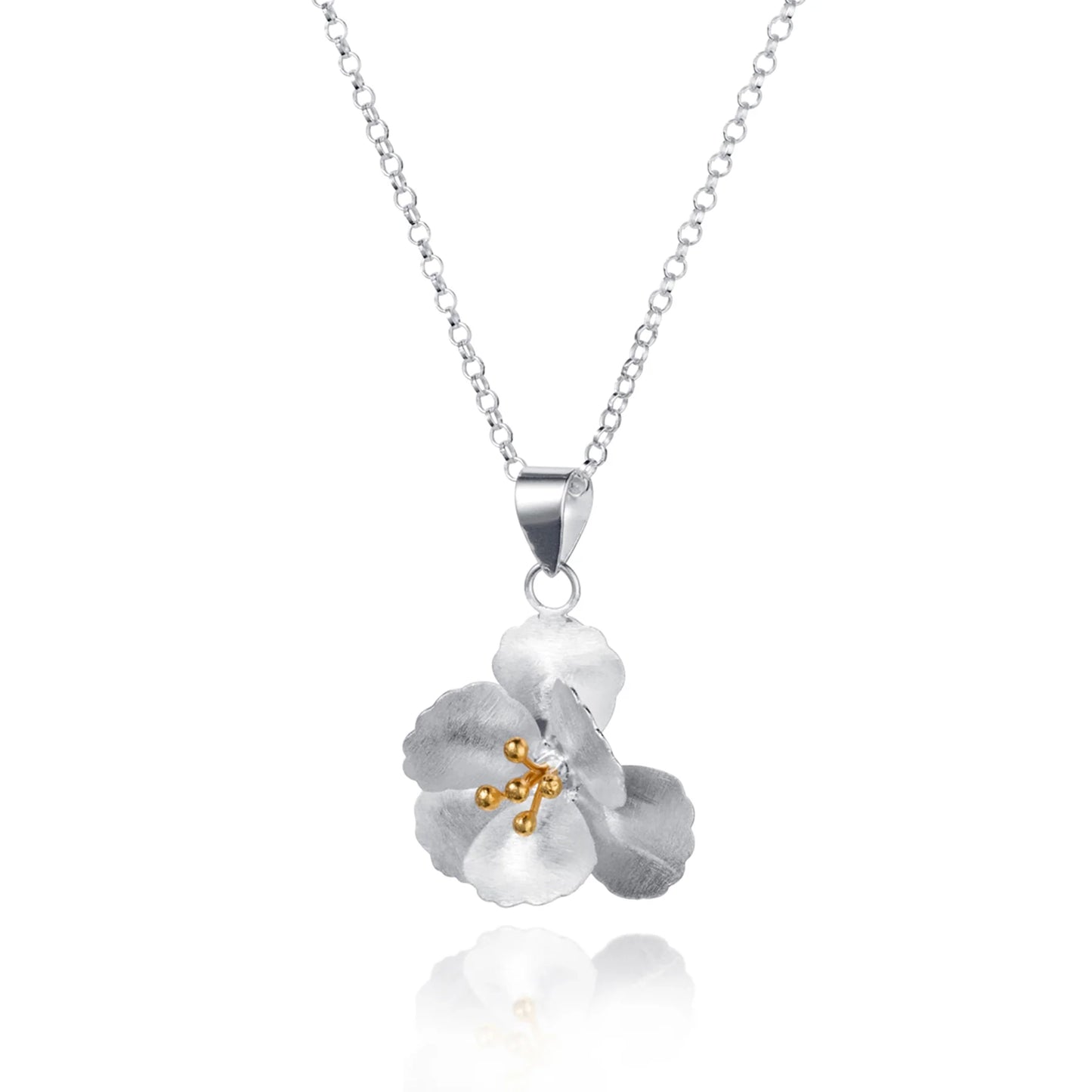 Satin silver cherry blossom shaped pendant with gold stamen details and silver chain