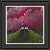 An art print of a cottage on a hill with gold trees and a pink cherry pink coloured sky